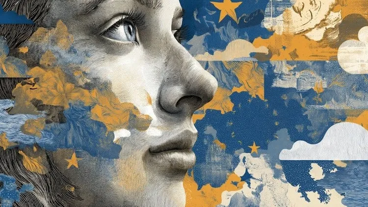 Abstract art of a woman's face with clouds and stars, Social Europe.