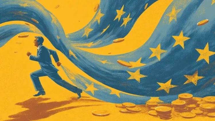 Illustration of a man running with EU flag and coins, social policy theme.