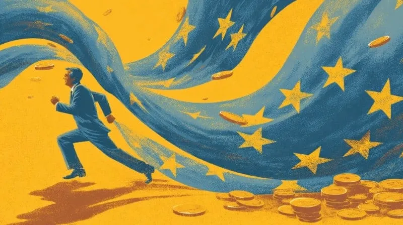 Illustration of a man running with EU flag and coins, social policy theme.
