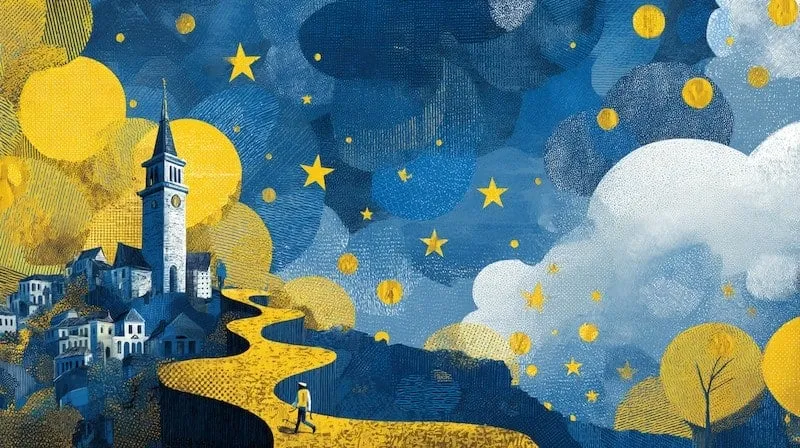 Night scene with a church, stars, and a person walking.