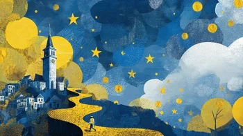 Night scene with a church, stars, and a person walking.
