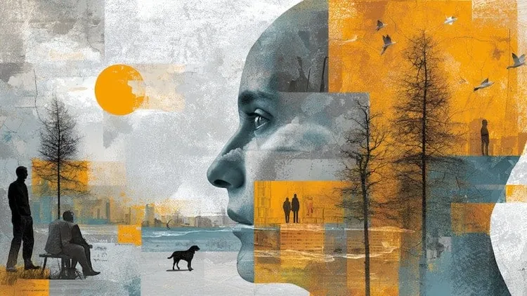 Urban landscape with human figures, trees, and a large face profile, in a mixed media style.