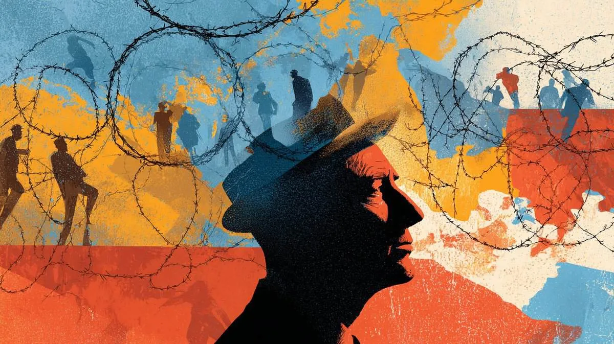 Silhouette of a person's head with barbed wire and figures in the background.