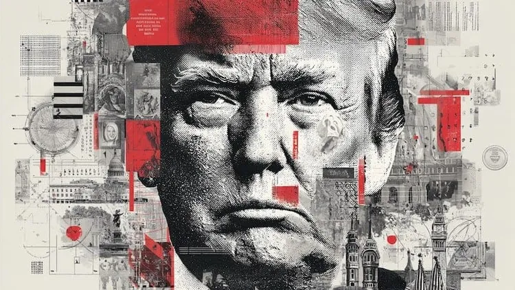 Black-and-white collage of Donald Trump's face with buildings, documents and red blocks.
