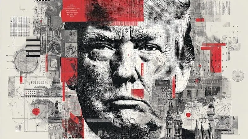 Black-and-white collage of Donald Trump's face with buildings, documents and red blocks.