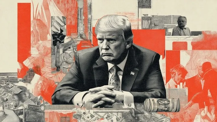 Collage of Donald Trump seated with clasped hands amid banknotes and red paper shapes.