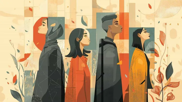 Group of four young diverse people walking outdoors, autumn leaves falling.