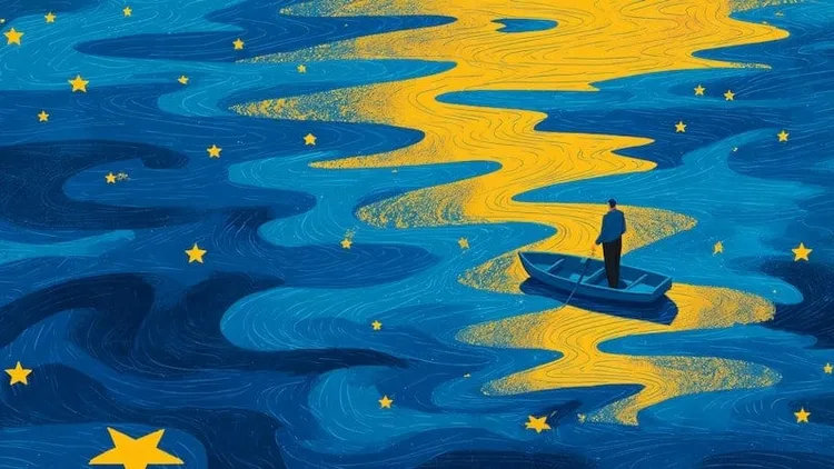 Man in boat on starry water.