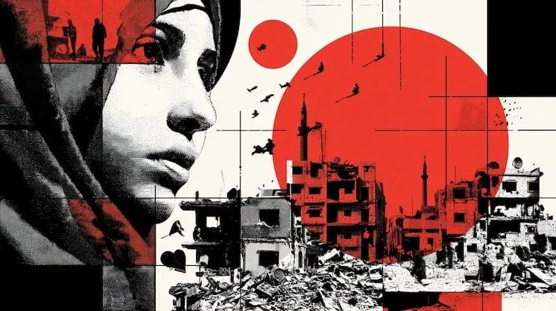 A woman with a headscarf over a war-torn cityscape, red and black tones.