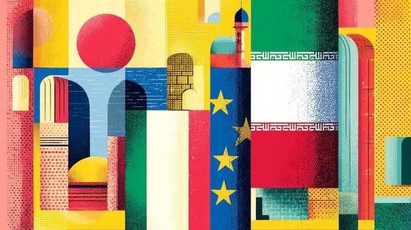 Abstract art with European Union and Iran flags, colourful geometric shapes.