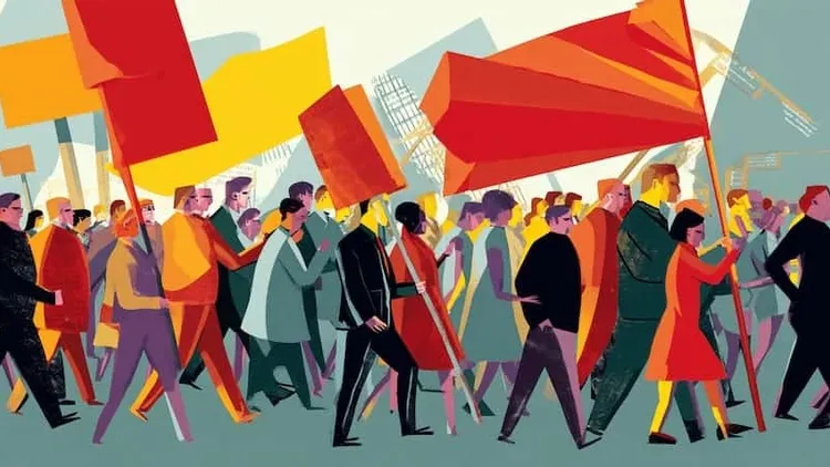 Protest march with diverse crowd, social Europe.