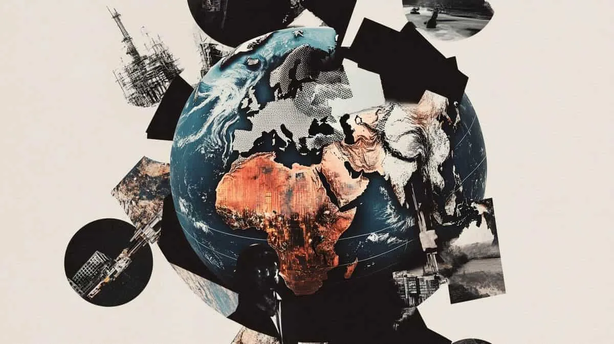 Collage of Earth with black and white images and colour continents.