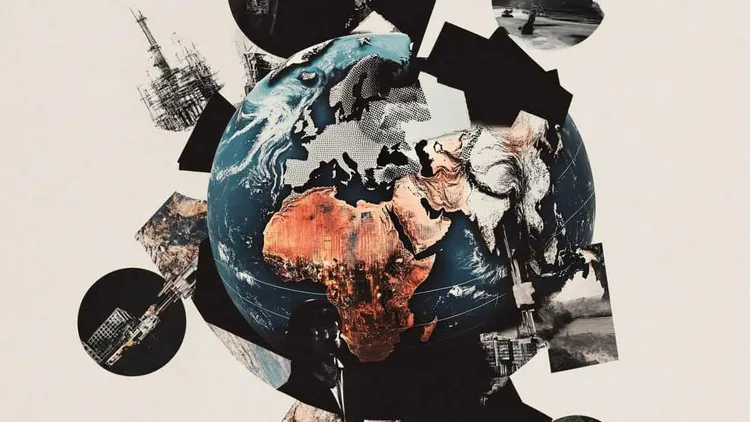 Collage of Earth with black and white images and colour continents.
