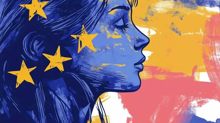 Woman's profile with EU flag stars on her face, abstract background.