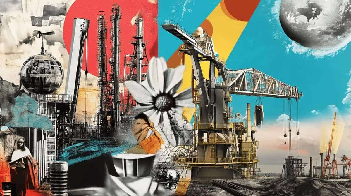 Industrial scene with oil rigs, factory, and environmental elements.