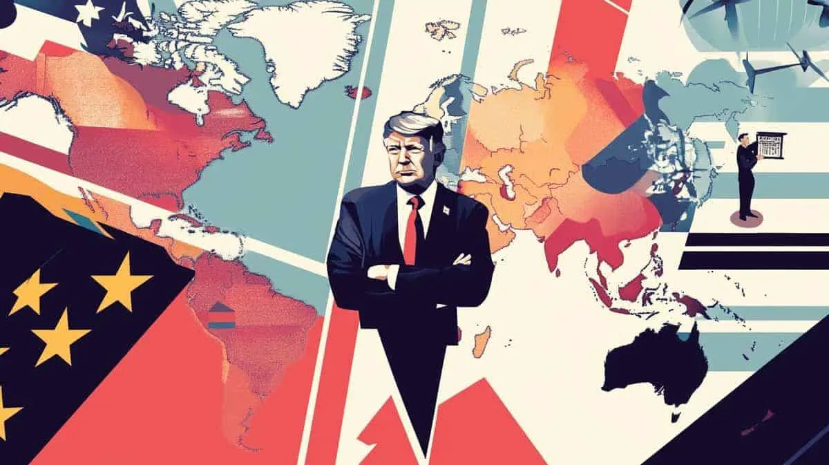 Illustration of Donald Trump with arms crossed on a world map framed by flags.