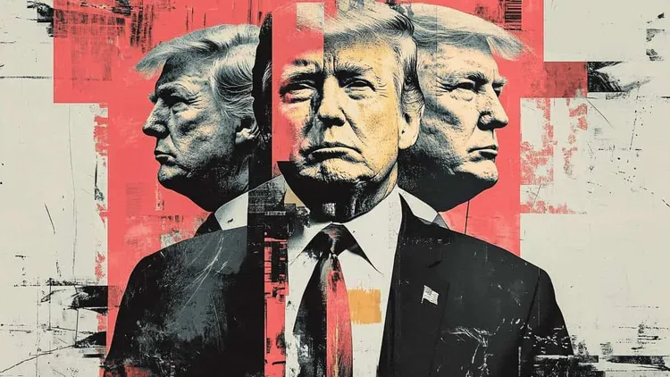 Collage of three views of Donald Trump's face against red and white brushstrokes.