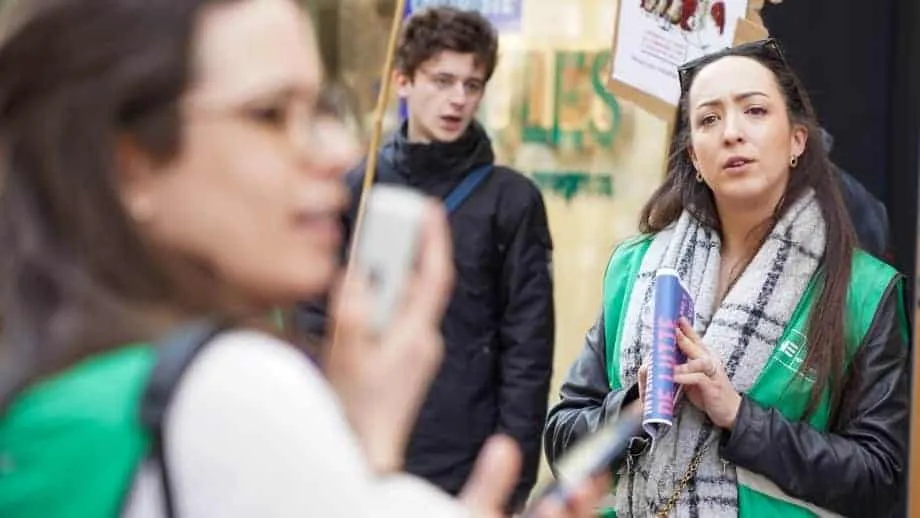 Protester speaking during demonstration, Belgium, social Europe.