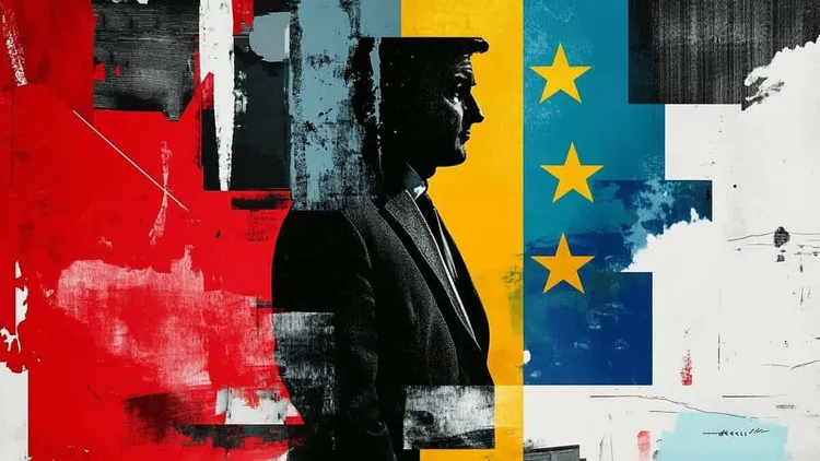 Silhouette of a person in front of EU and UK flags.