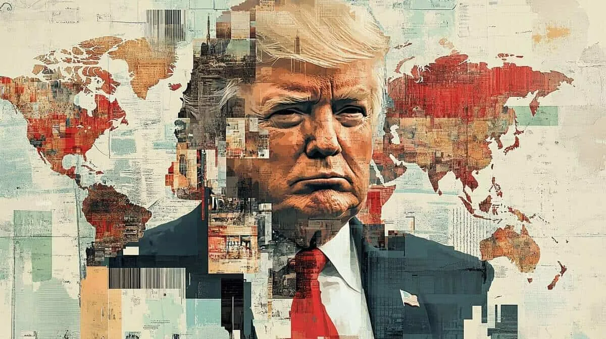 Collage of Donald Trump's face merged into a world map.