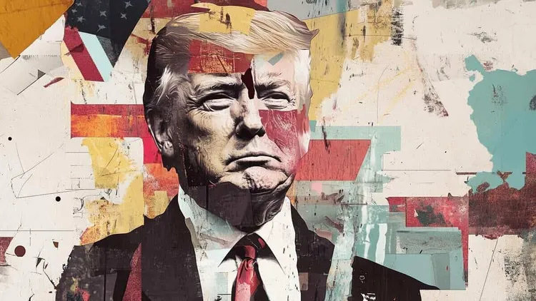 Collage of Donald Trump's face overlaid with torn paper shapes and flag fragments.
