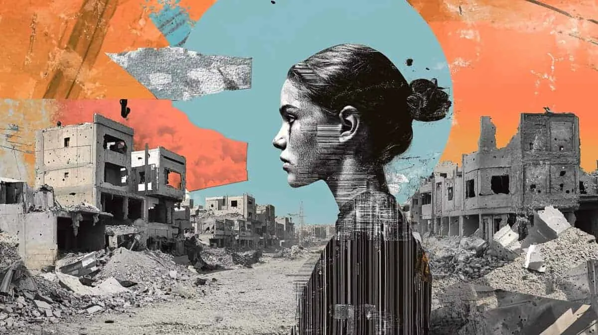 Woman with bun hairstyle in front of destroyed buildings, urban conflict scene.