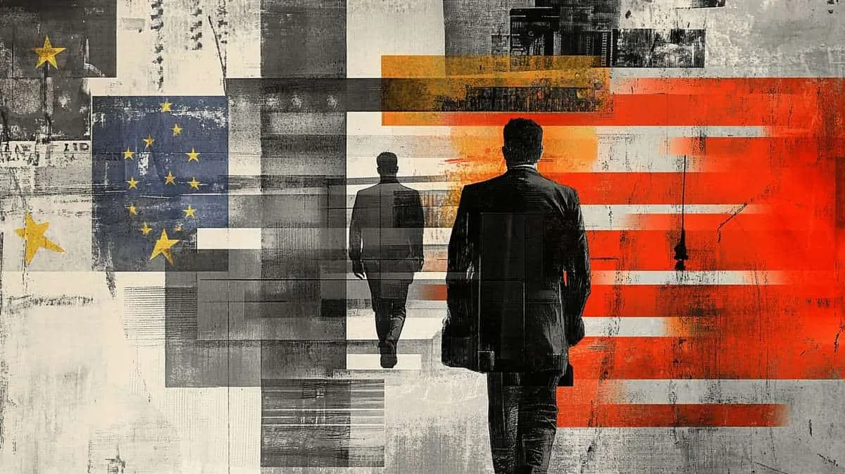 Two men walking towards a European Union and US flag background.
