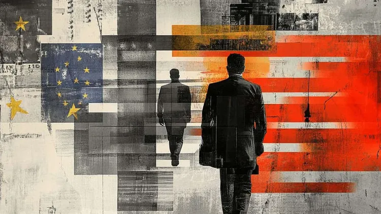 Two men walking towards a European Union and US flag background.