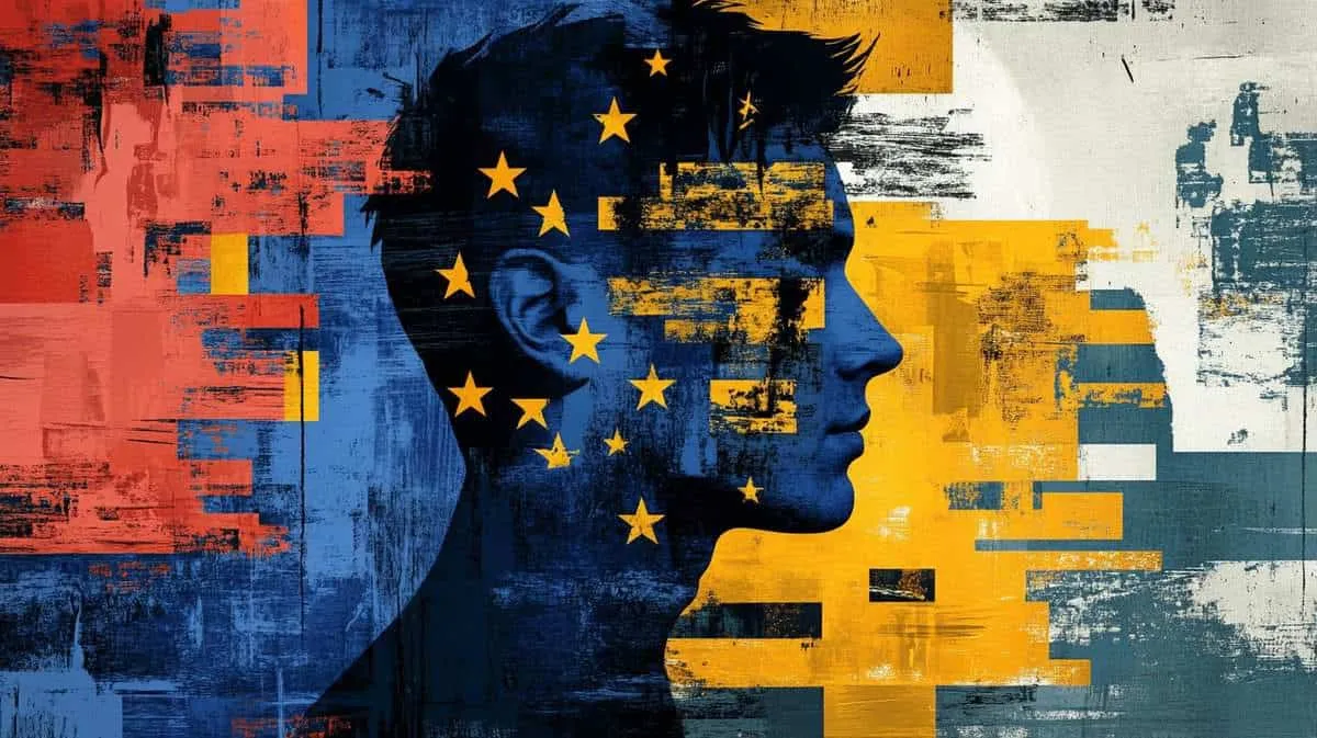 Silhouette of a person's head with EU and Belgium flags, digital art.