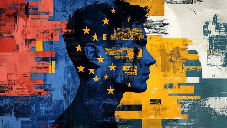 Silhouette of a person's head with EU and Belgium flags, digital art.