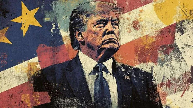 Illustration of Donald Trump in front of a weathered backdrop of stripes and yellow stars.