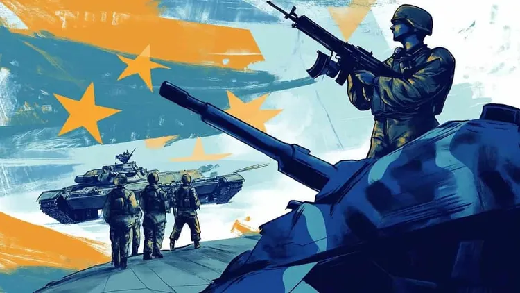 Soldiers and tanks with European flag in background.