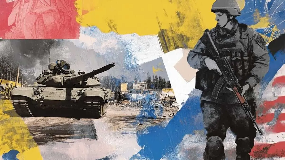 Soldier with rifle and tank in a war zone, Ukraine conflict.