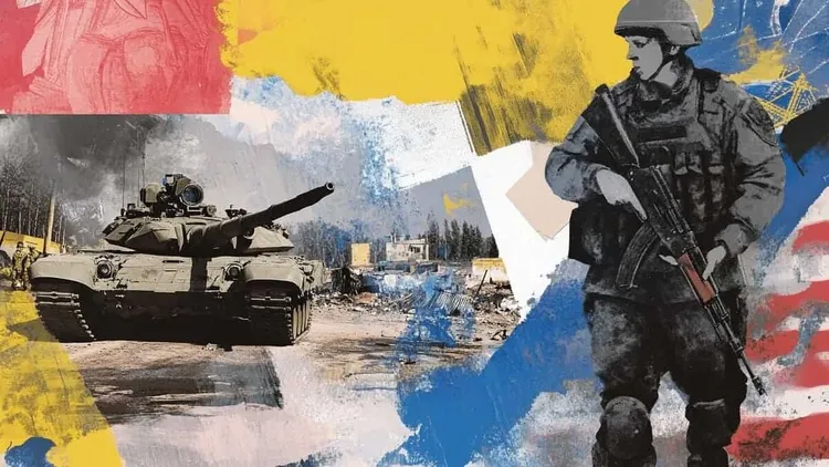 Soldier with rifle and tank in a war zone, Ukraine conflict.