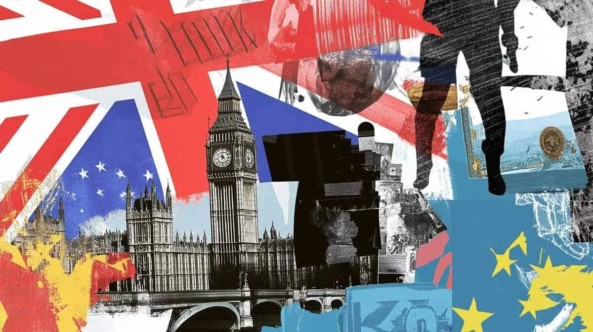 Collage of European and UK political symbols and landmarks.