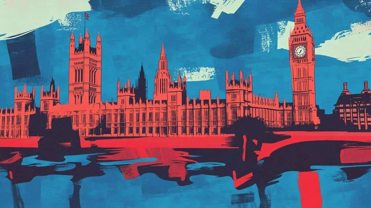 London skyline illustration with Big Ben and Houses of Parliament.