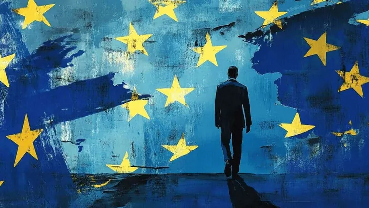 Man walking among EU flag stars, Social Europe.
