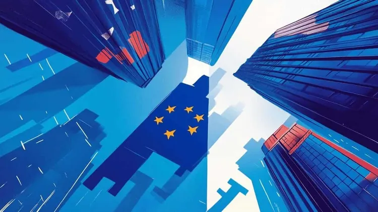 European Union flag shadow among tall modern buildings in a city.