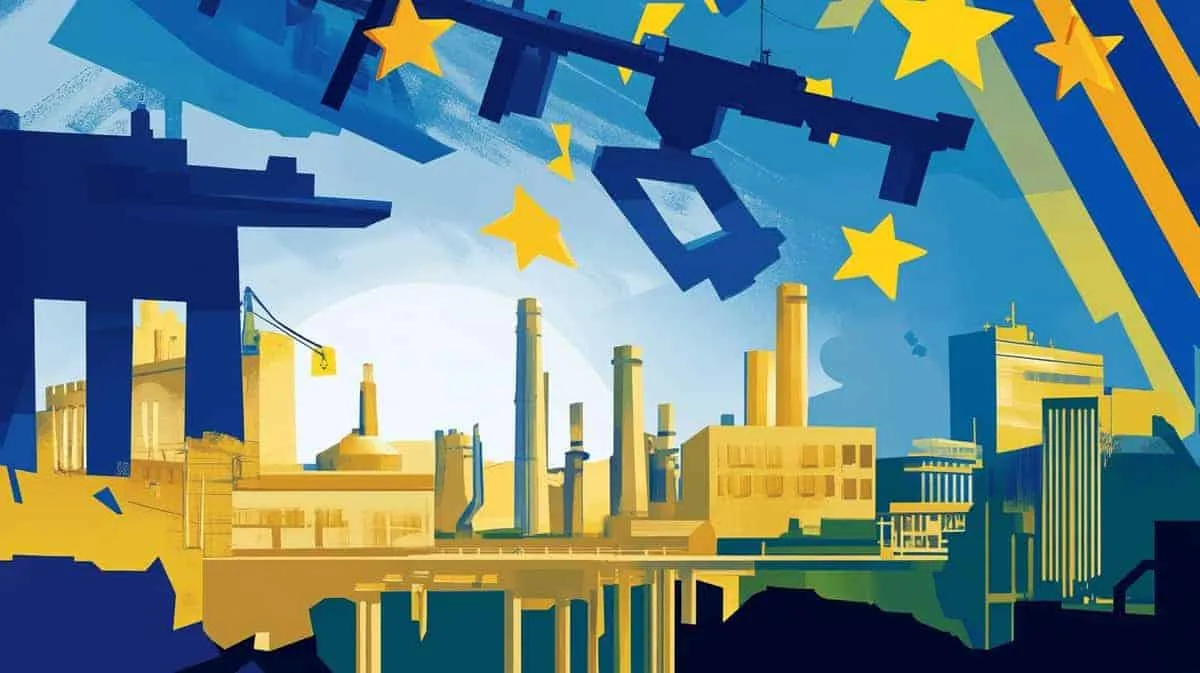 Illustration of industrial landscape with weapons and stars, European context.