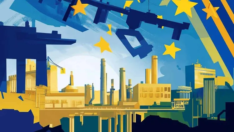 Illustration of industrial landscape with weapons and stars, European context.
