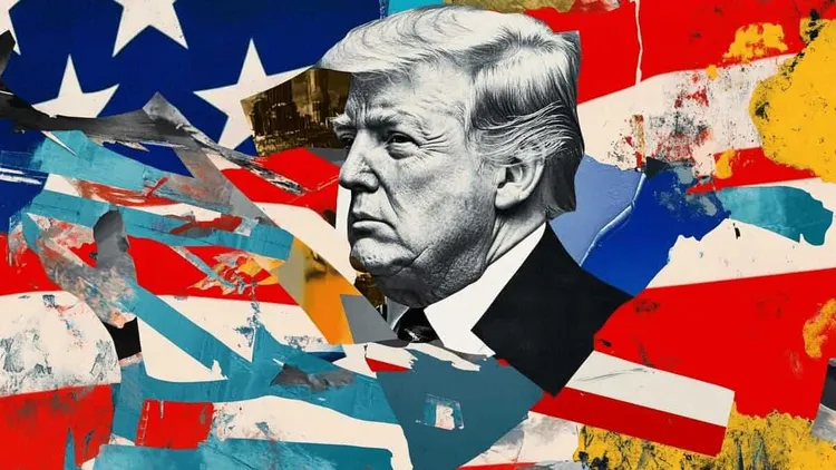 Donald Trump — portrait with American flag collage.