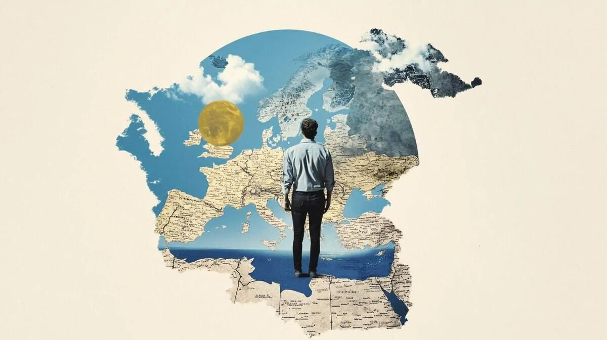 Man looking at a map of Europe with climate imagery.