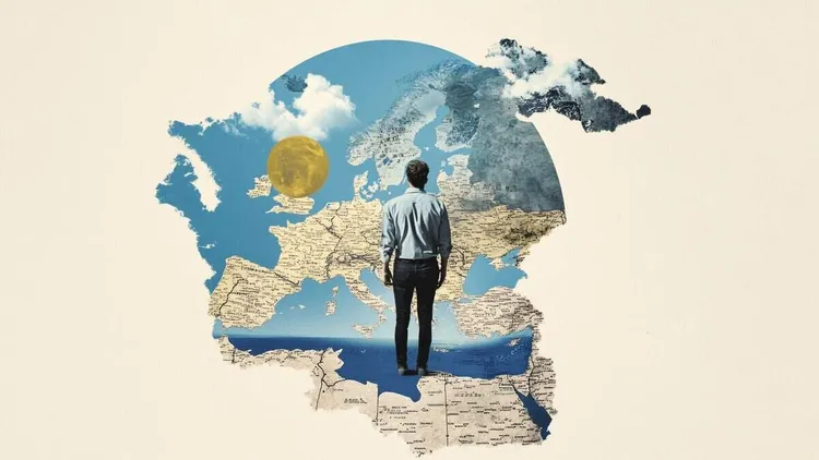 Man looking at a map of Europe with climate imagery.