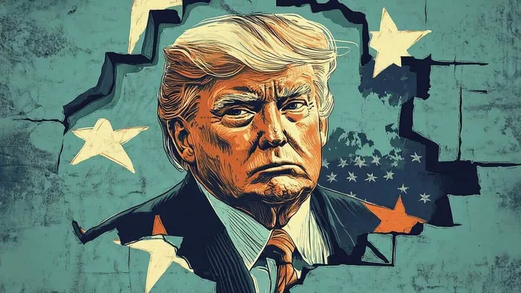 Illustration of Donald Trump's face breaking through a cracked teal wall with stars.