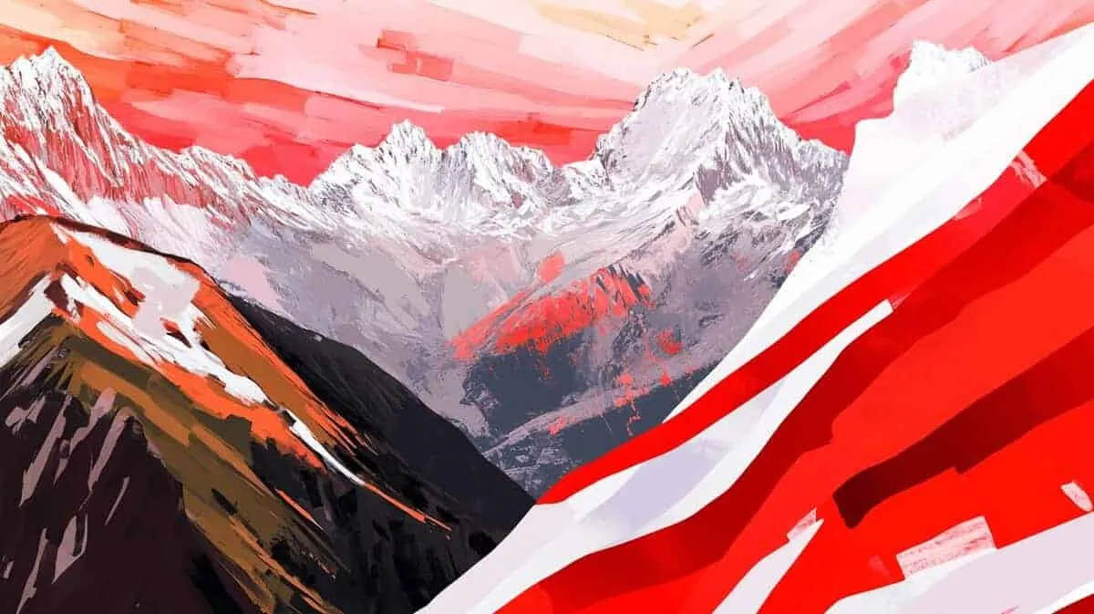 Abstract mountain landscape with snow-capped peaks and red sky.
