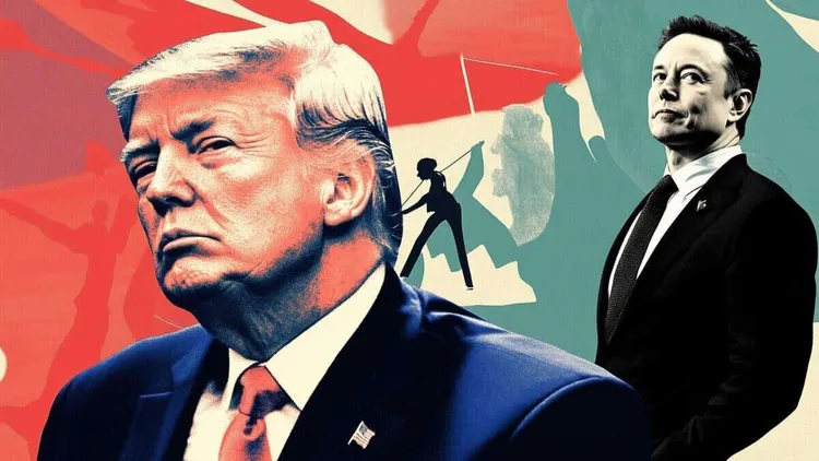 Illustration of Donald Trump in the foreground with Elon Musk standing behind him.