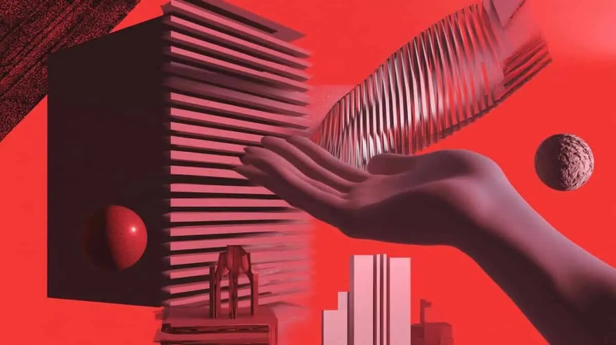 Abstract geometric sculpture with hand and spheres.
