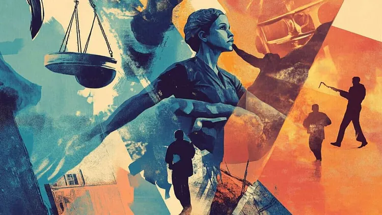 Justice and human rights themed artwork with diverse figures and scales of justice.