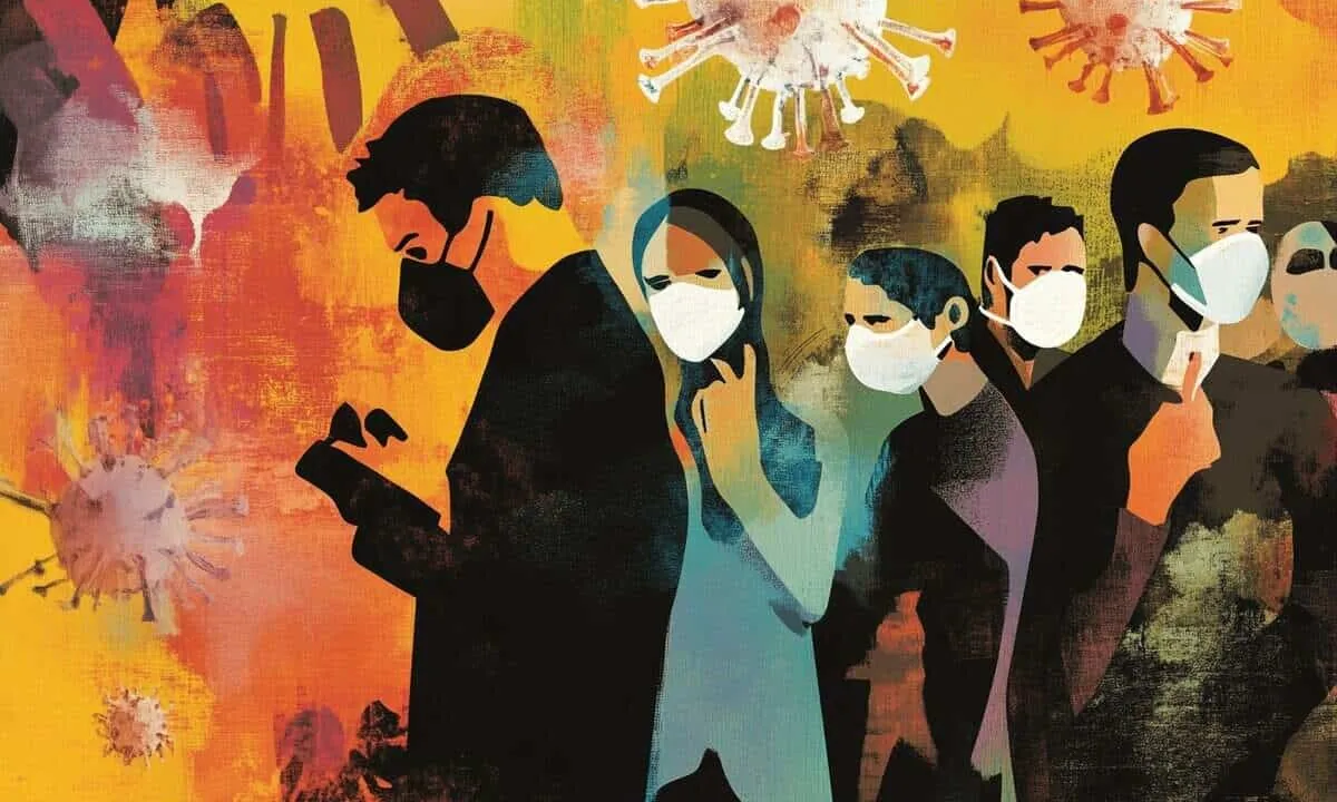 Group of people wearing masks, social distancing, pandemic.