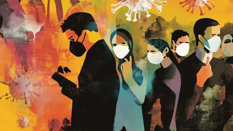 Group of people wearing masks, social distancing, pandemic.